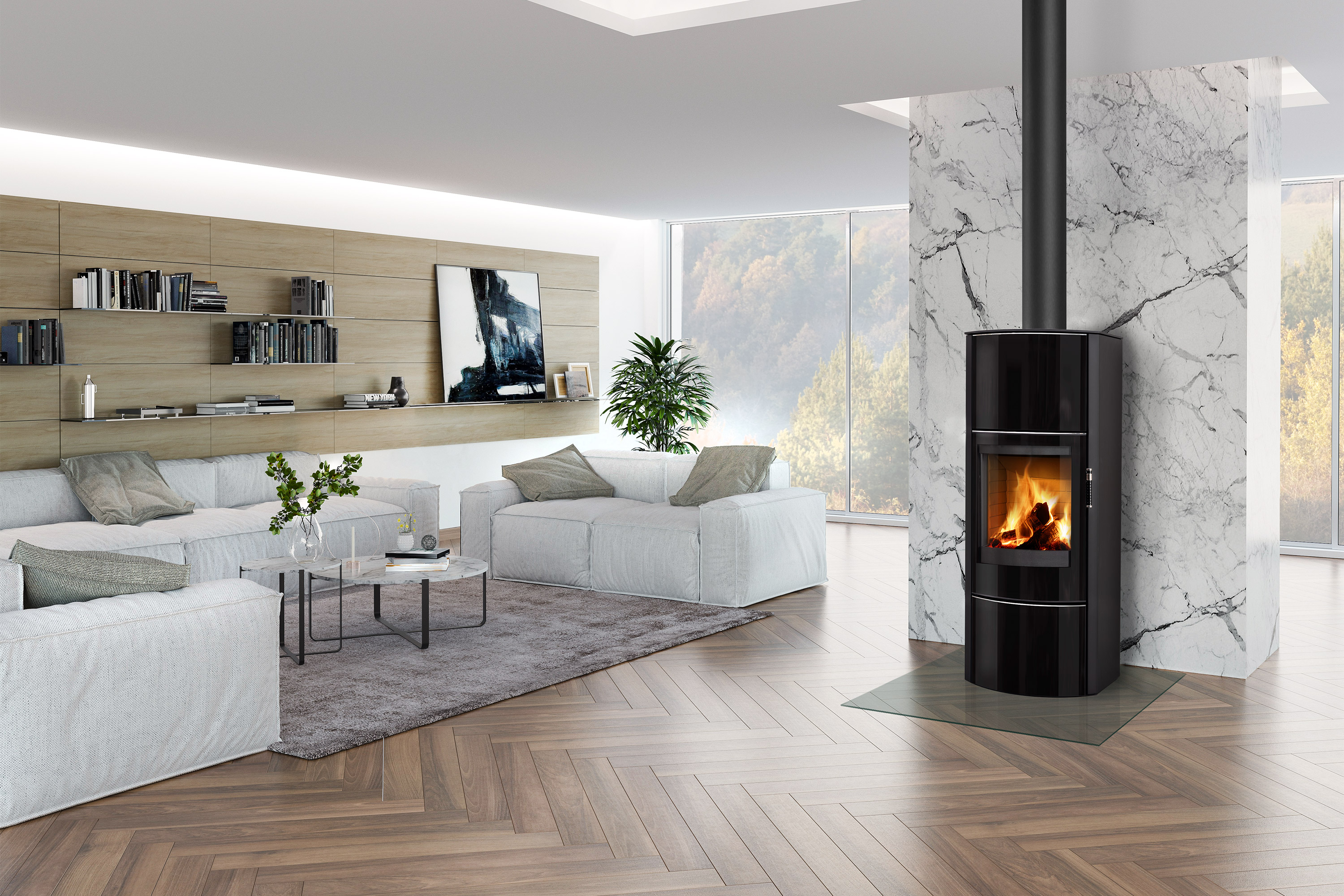 Poêle à bois Storch Ecuador H EX – design premium aux lignes harmonieuses et vitre panoramique mettant en valeur le feu, élément central de confort et de décoration dans l’espace de vie.