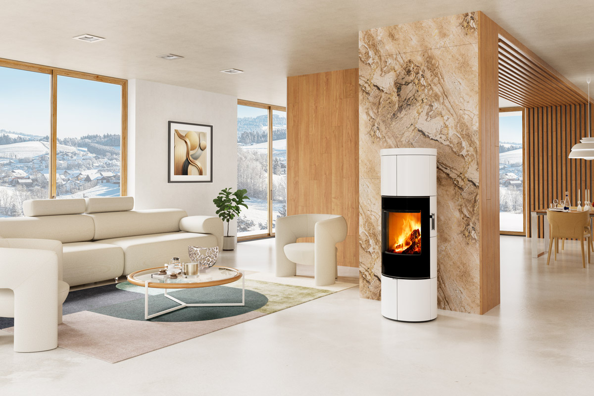 Poêle à bois design avec une famille réunie autour du feu – chaleur constante, confort prolongé et matériaux premium offrant une expérience tactile et visuelle unique.