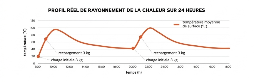 Déroulement réel de la combustion en 24 heures de notre poêle à accumulation NORDAC de ROMOTOP